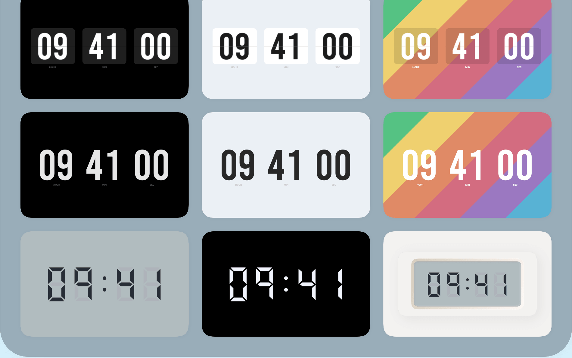 A selection of Soda Clock’s flip and digital clock styles in a range of colors.