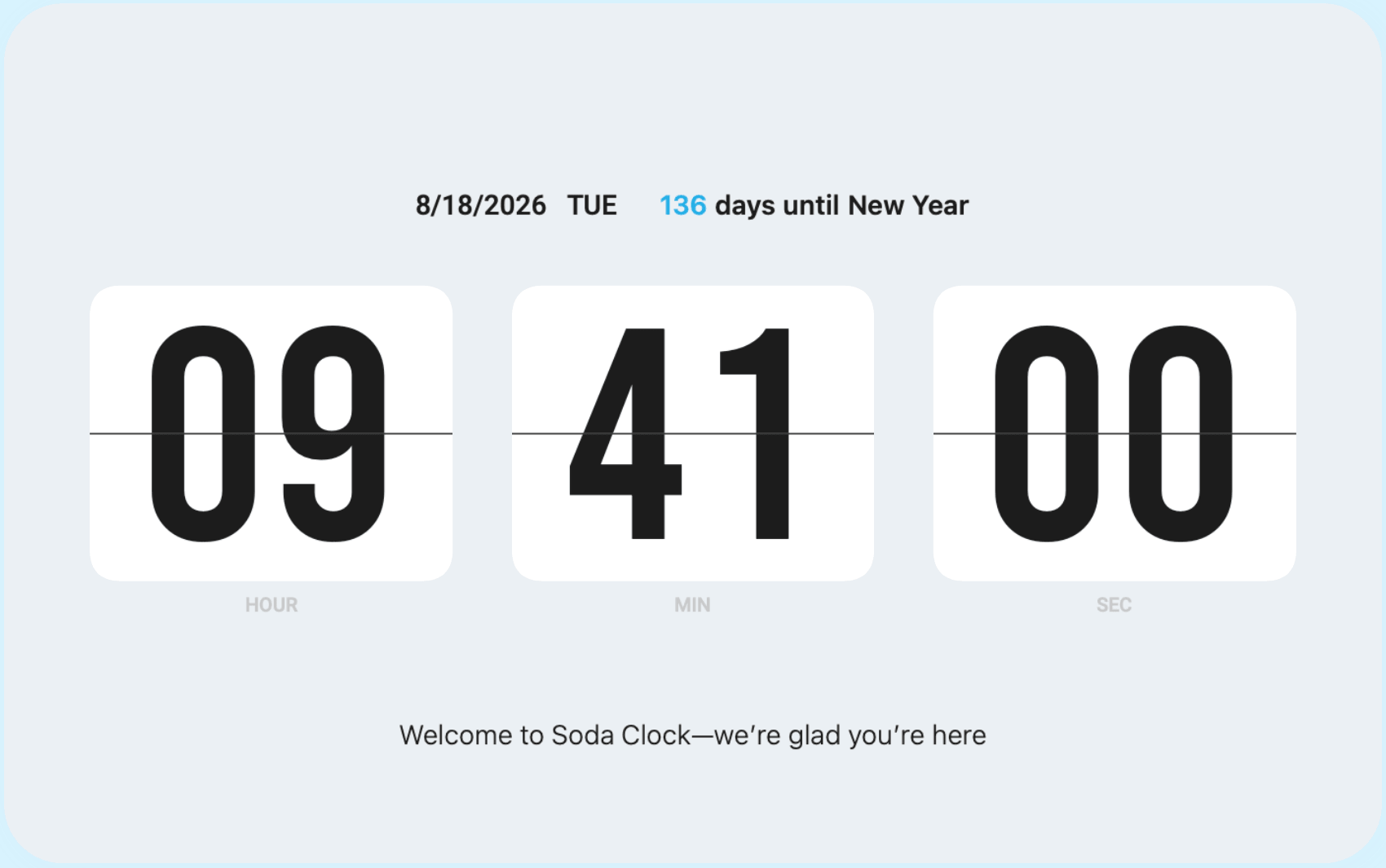 Soda Clock showing an event countdown and a personal message.