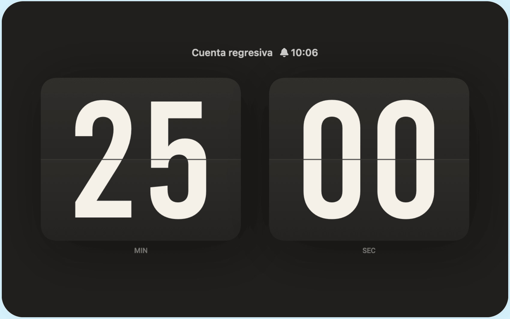 Vista del temporizador de Soda Clock con minutos y segundos.