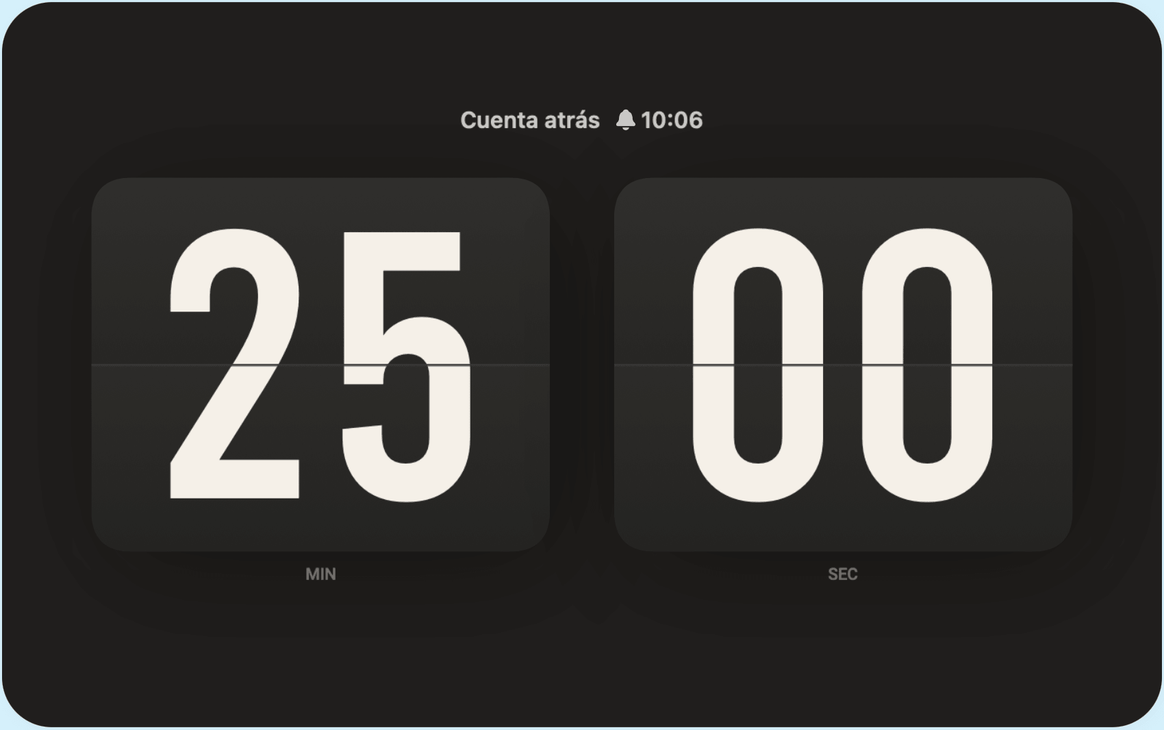 Vista del temporizador de Soda Clock con minutos y segundos.