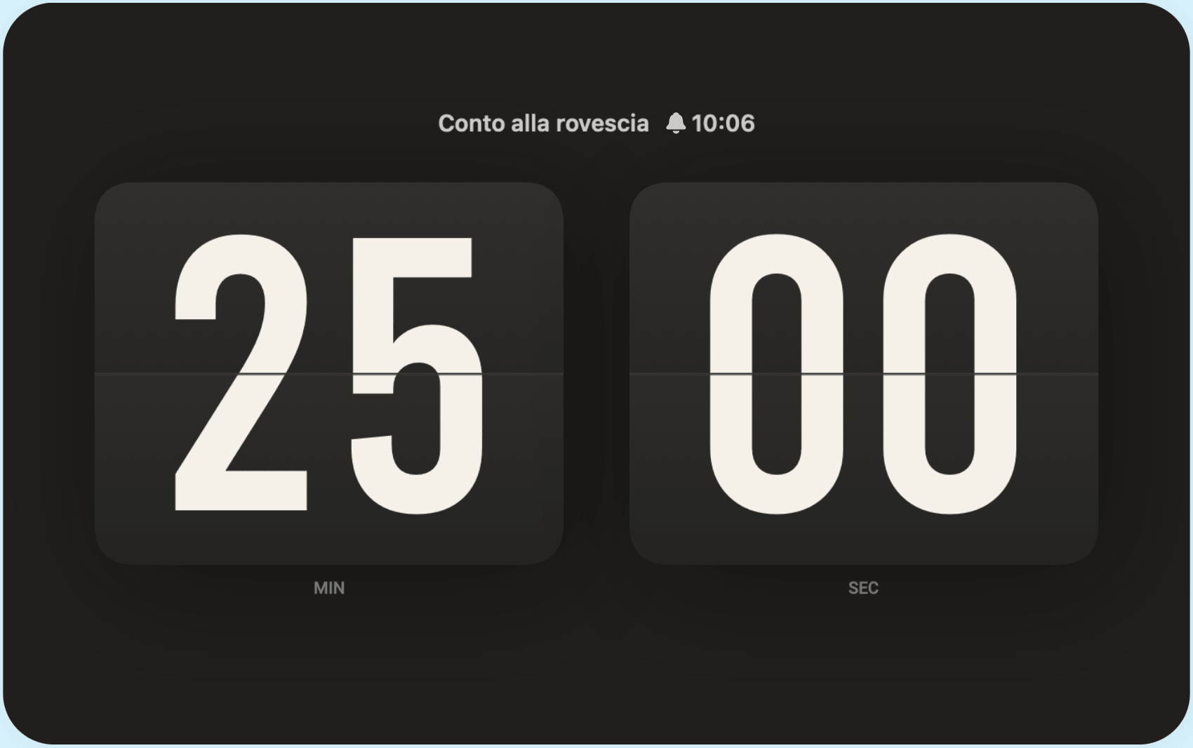 Timer di Soda Clock con minuti e secondi.