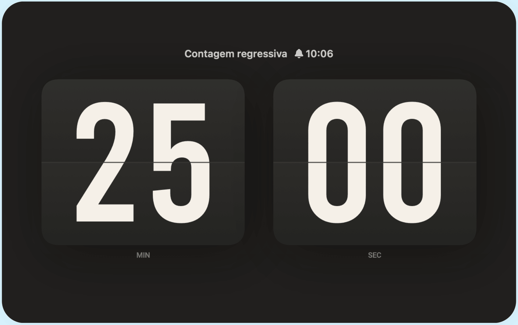 Timer do Soda Clock mostrando minutos e segundos.