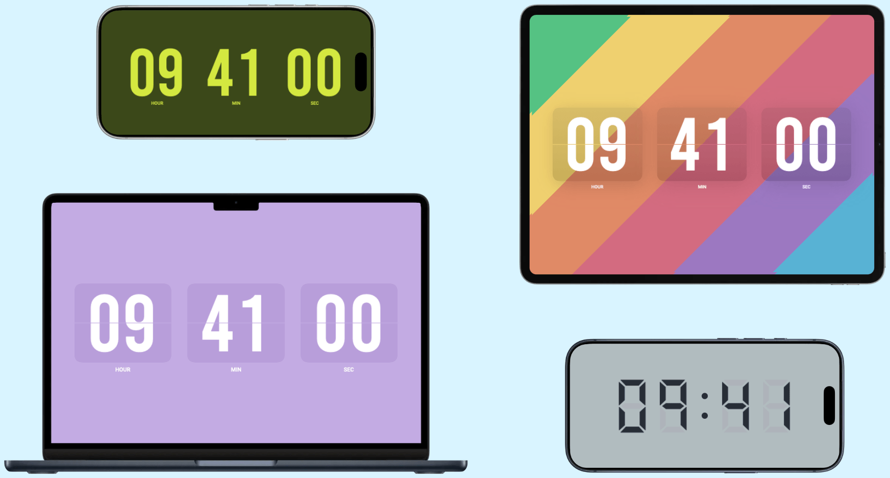 在 iPhone、iPad 和 Mac 上展示的蘇打時鐘。