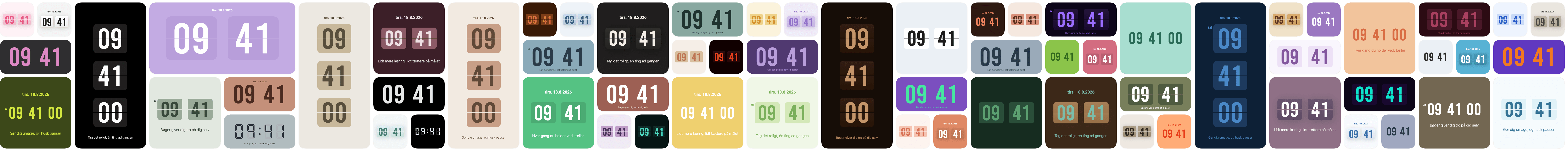 Soda Clock-widgets i forskellige størrelser, urstile og farver med datoer og personlig tekst.