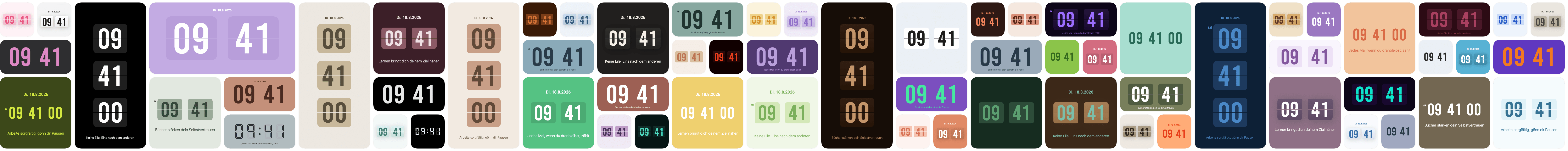 Soda Clock-Widgets in verschiedenen Größen, Uhrstilen und Farben, mit Datum und eigenem Text.